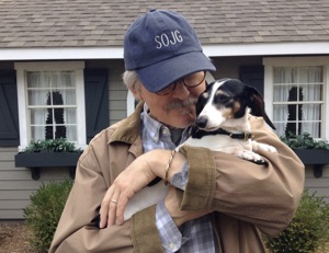 On a break with Nellie, out by the garden shed.